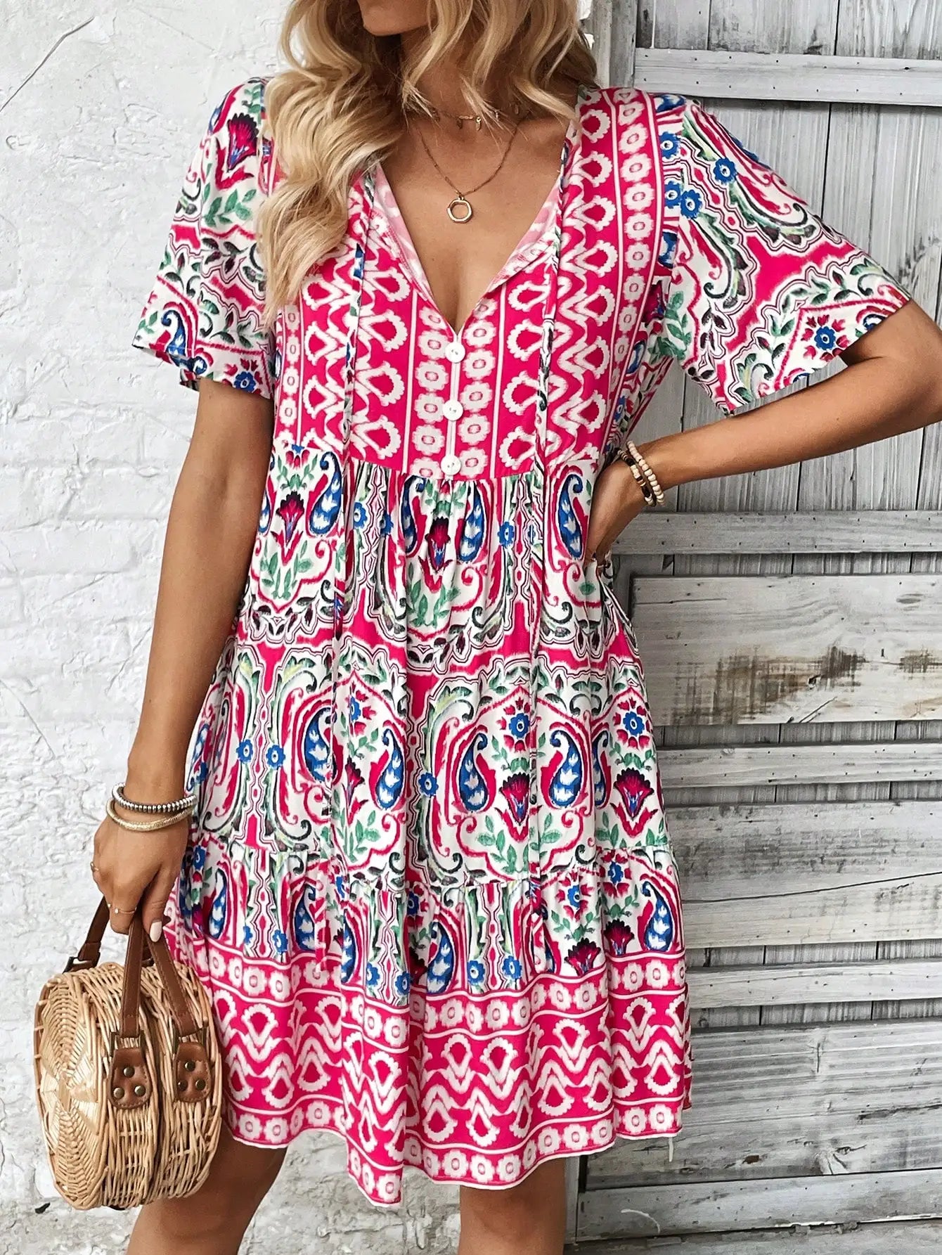 Women's Boho Floral V-Neck Mini Dress