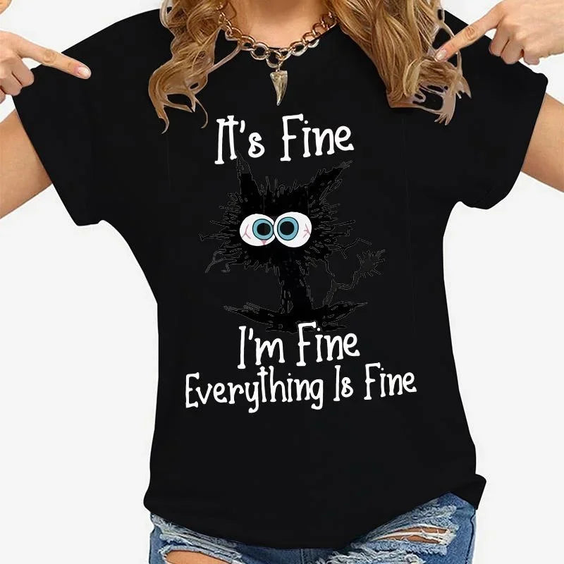 Women’s “Everything Is Fine” Cat Graphic Casual T-Shirt