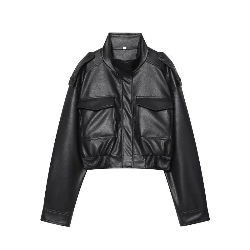 Faux Leather Cropped Bomber Jacket
