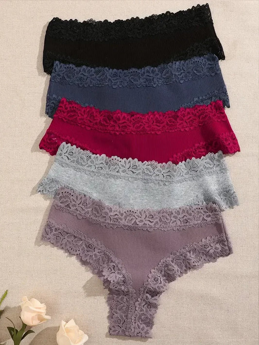 3-Pack Women's Cotton Lace Panties – Trendy Patchwork Floral Underwear