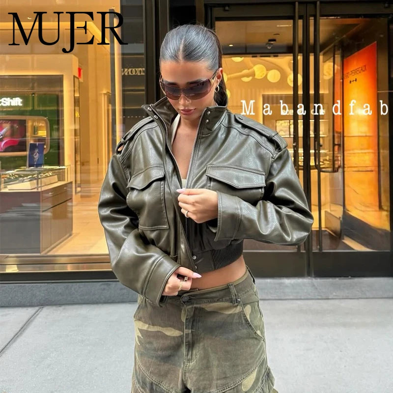 Faux Leather Cropped Bomber Jacket