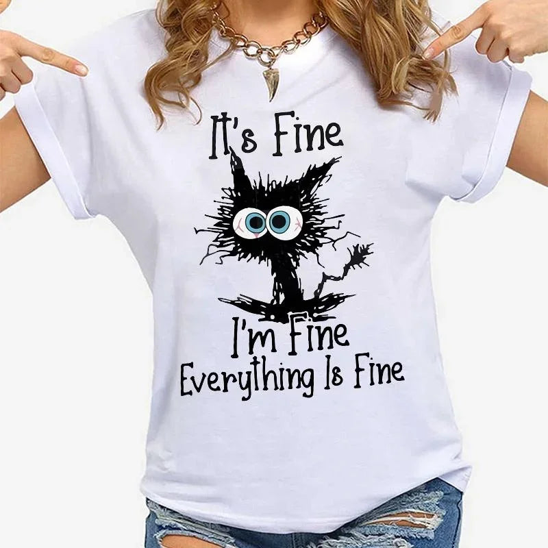 Women’s “Everything Is Fine” Cat Graphic Casual T-Shirt
