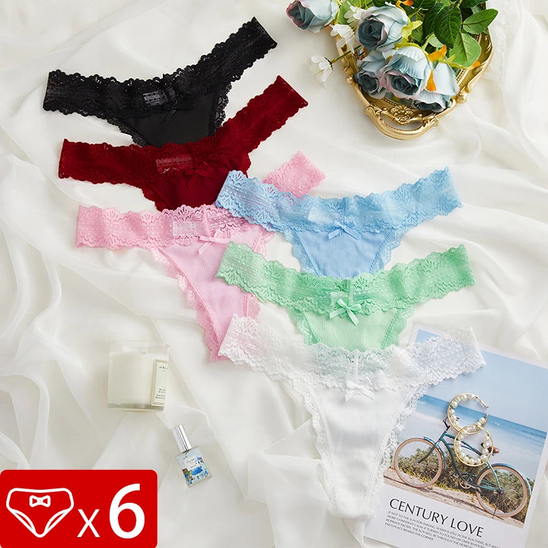 6PCS Lace Floral Thong Set – Low Waist Sexy Women’s Panties