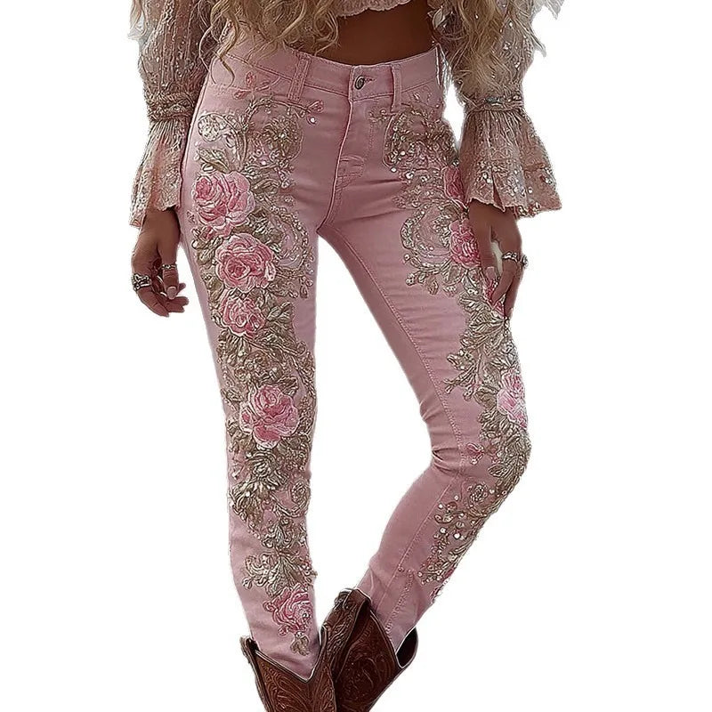 Women's Floral Print Straight Leg Jeans