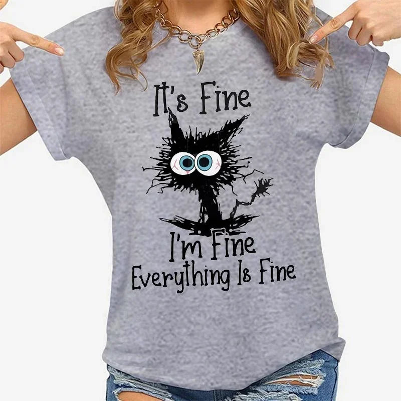 Women’s “Everything Is Fine” Cat Graphic Casual T-Shirt