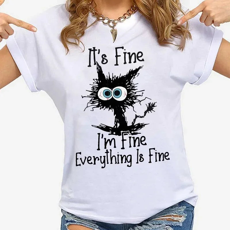 Women’s “Everything Is Fine” Cat Graphic Casual T-Shirt