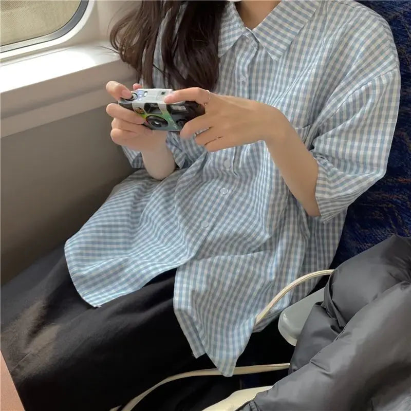 Vintage Plaid Short Sleeve Shirt for Women