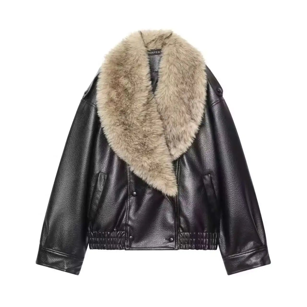 Oversized Faux Leather Fur Collar Jacket