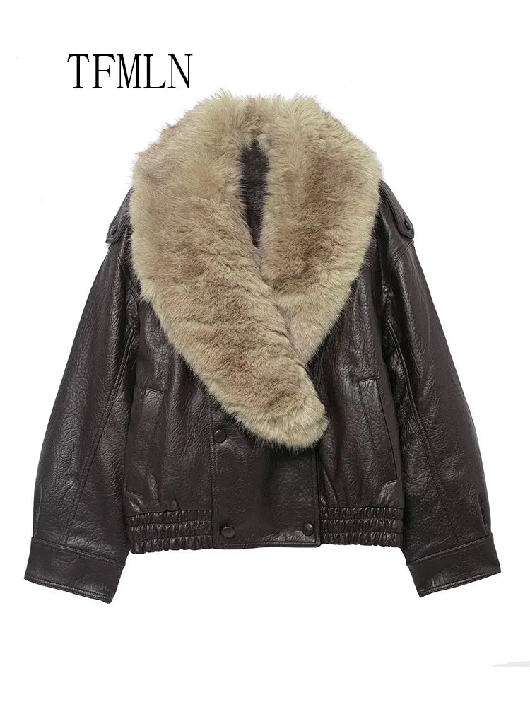 Oversized Faux Leather Fur Collar Jacket