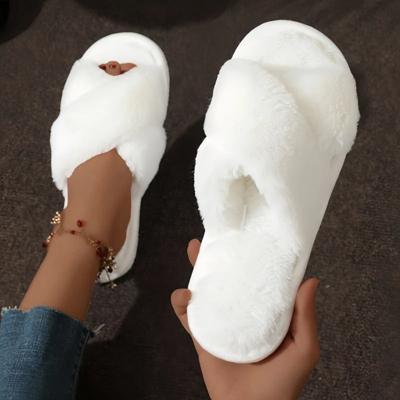 Women's Fluffy Cross Strap Slippers