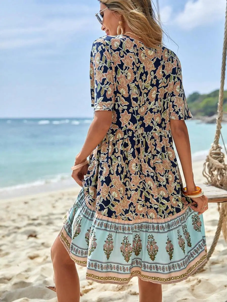 Women's Boho Floral V-Neck Mini Dress