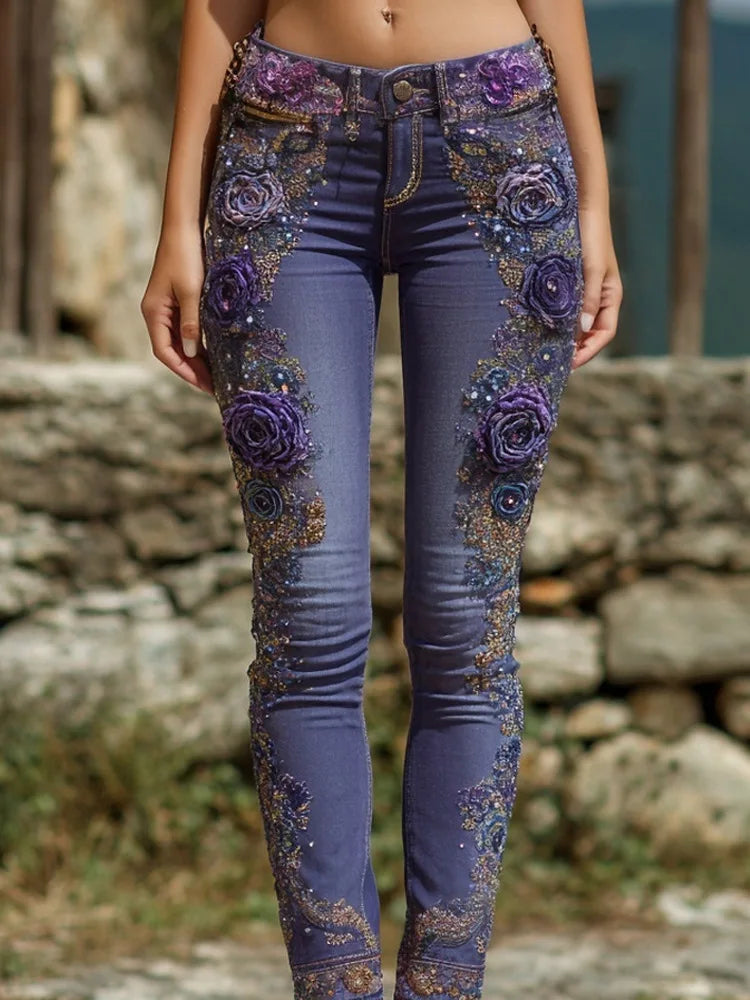 Women's Floral Print Straight Leg Jeans