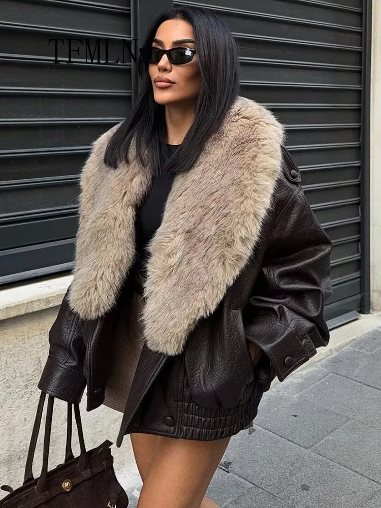 Oversized Faux Leather Fur Collar Jacket