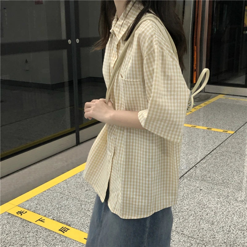 Vintage Plaid Short Sleeve Shirt for Women