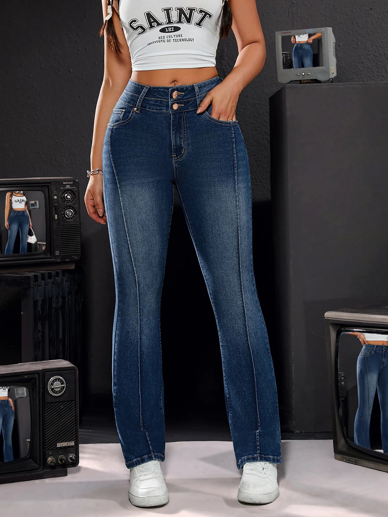 Women's High-Waisted Straight Stretch Jeans