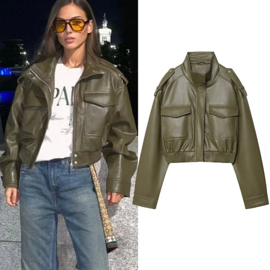 Women's Faux Leather Windbreaker Jacket