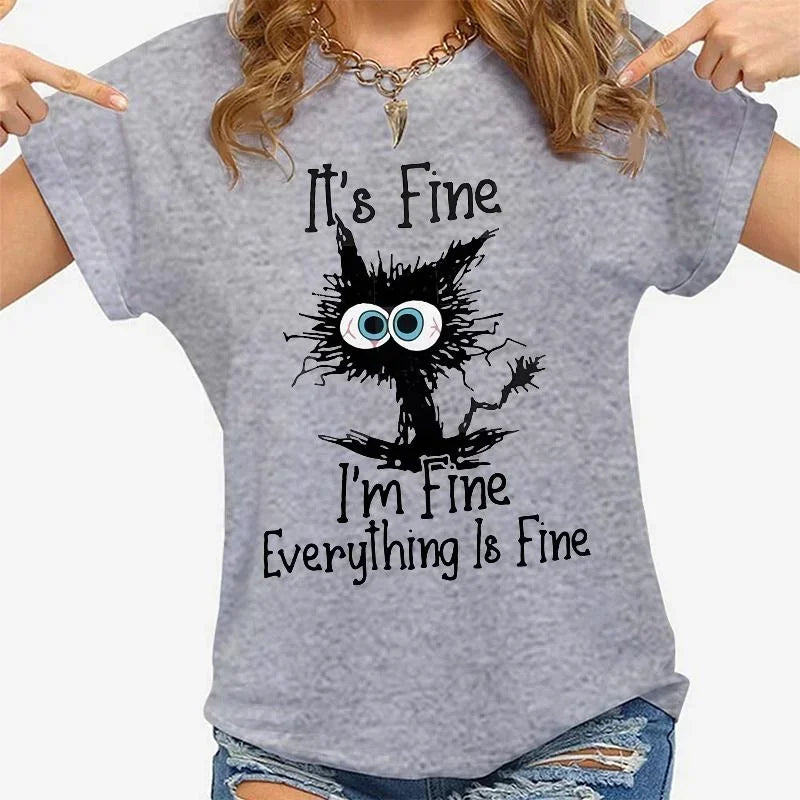 Women’s “Everything Is Fine” Cat Graphic Casual T-Shirt