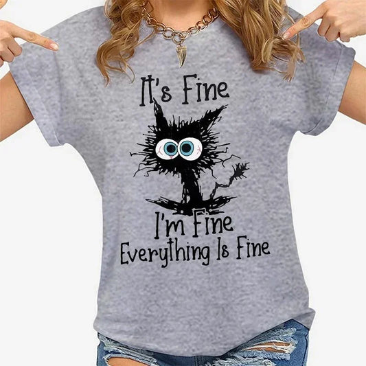 Women’s “Everything Is Fine” Cat Graphic Casual T-Shirt