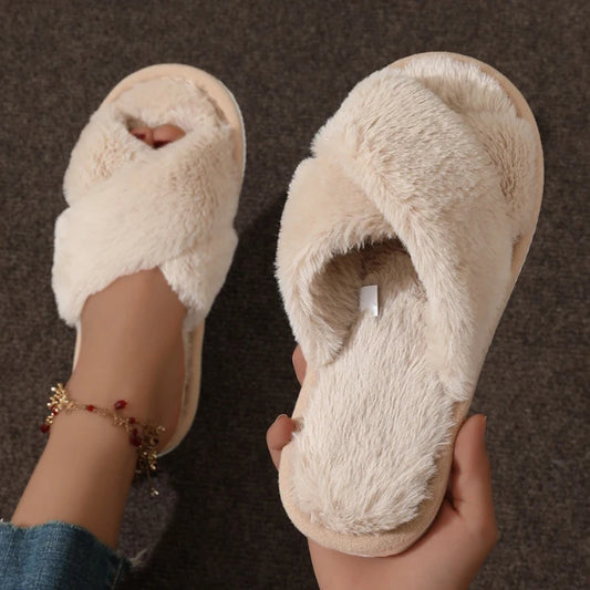 Women's Fluffy Cross Strap Slippers