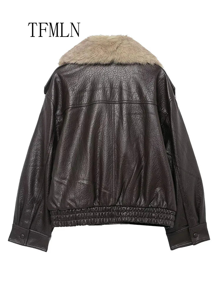 Oversized Faux Leather Fur Collar Jacket