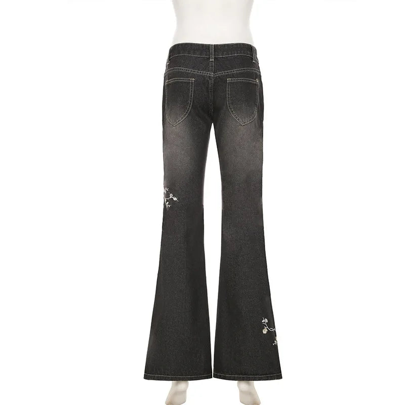 Women's Floral Embroidered Y2K Flared Jeans