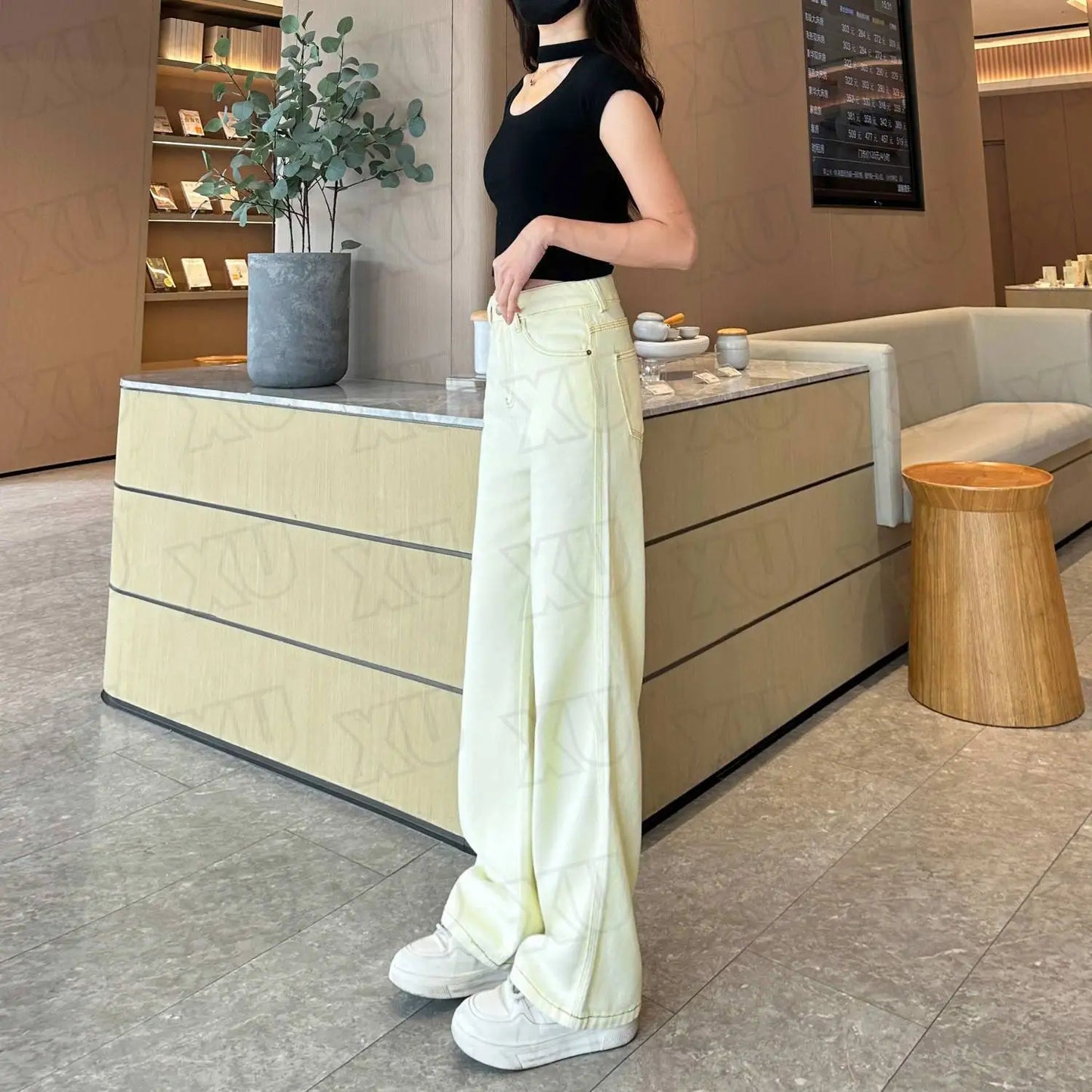 Beige High-Waisted Slim Straight Jeans