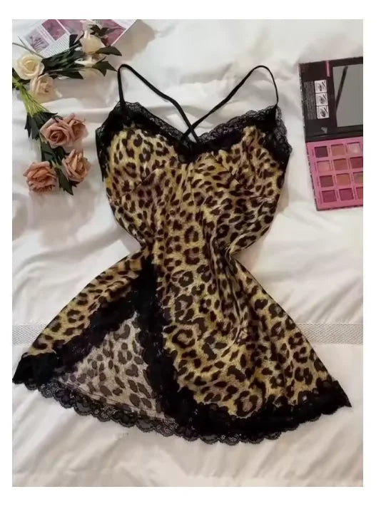 Leopard Satin Lace Nightgown Dress