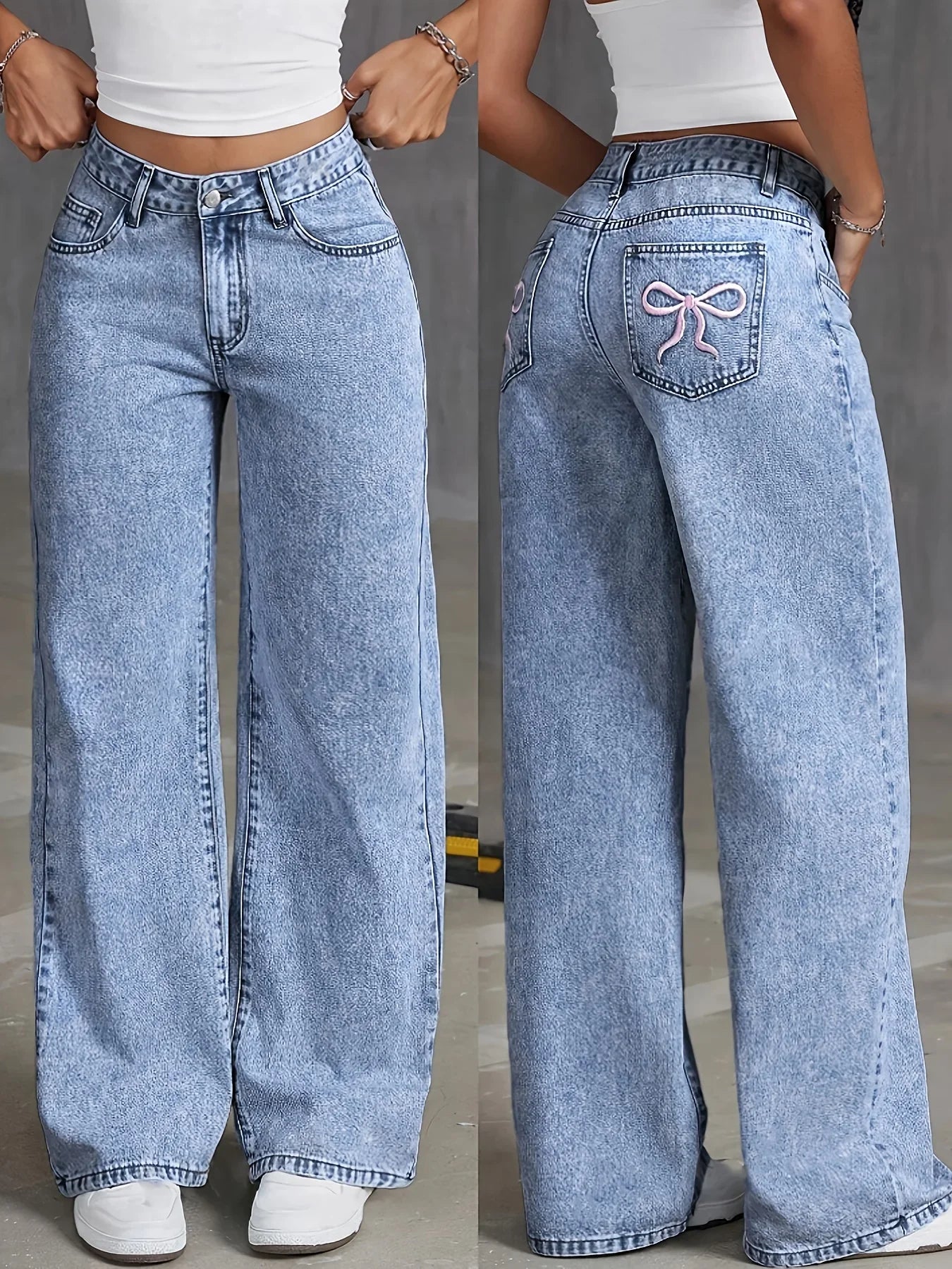 Women's Bow Embroidered Wide Leg Jeans