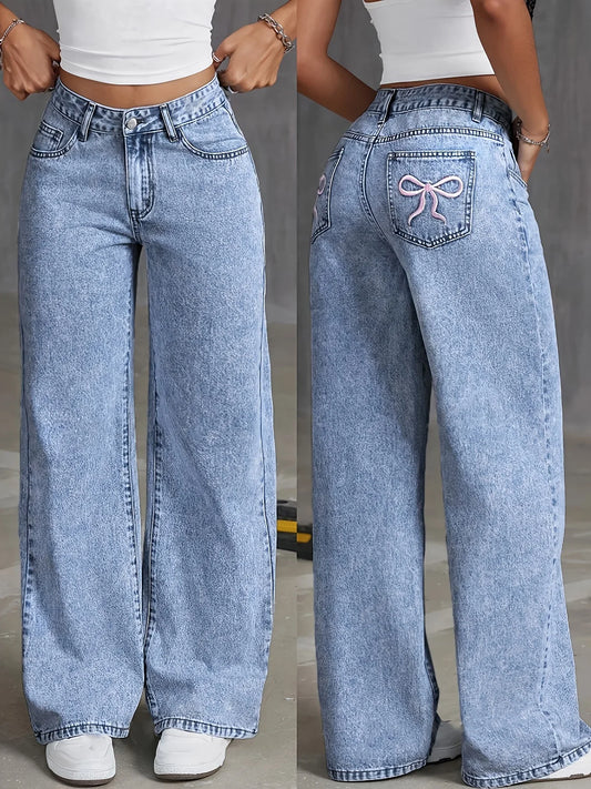 Women's Bow Embroidered Wide Leg Jeans
