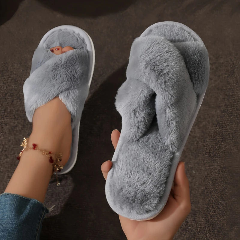 Women's Fluffy Cross Strap Slippers