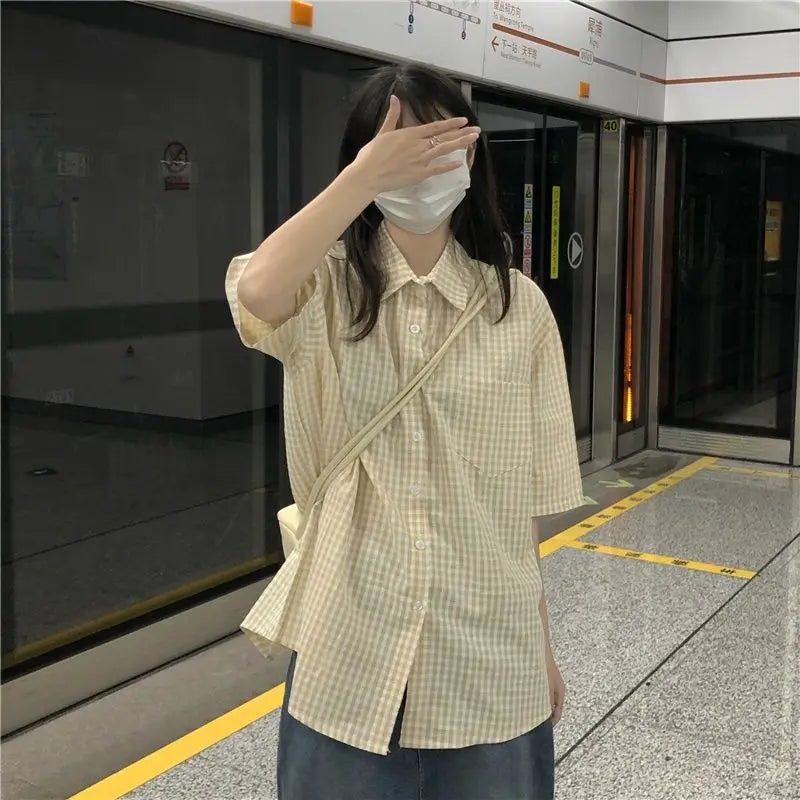 Vintage Plaid Short Sleeve Shirt for Women