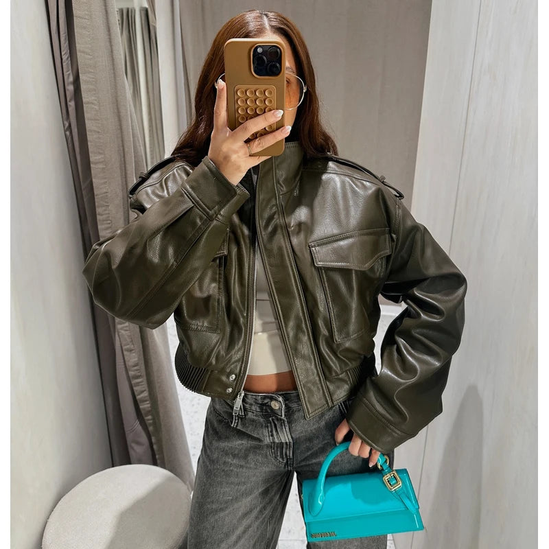 Faux Leather Cropped Bomber Jacket