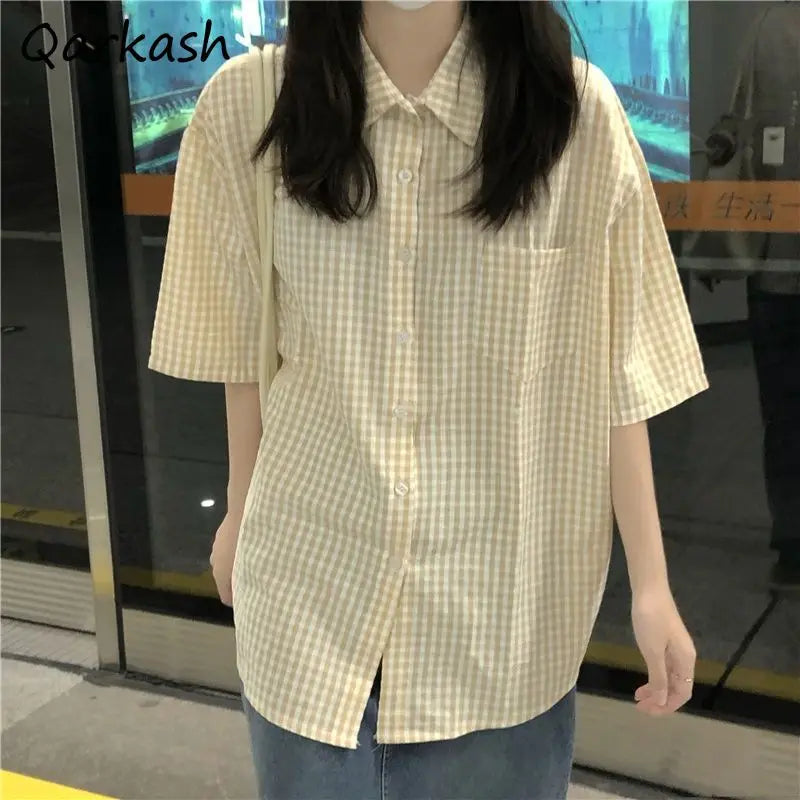 Vintage Plaid Short Sleeve Shirt for Women