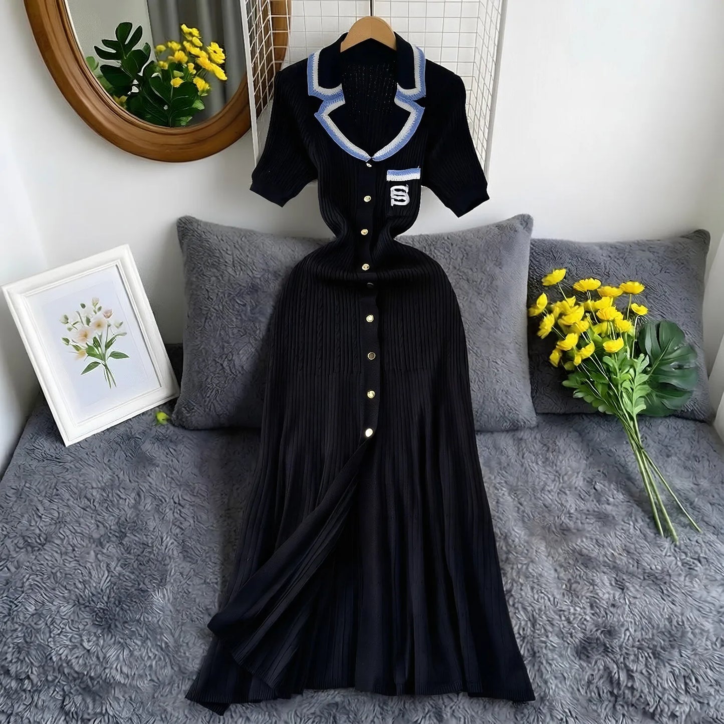 Vintage Knit A-Line Maxi Shirt Dress