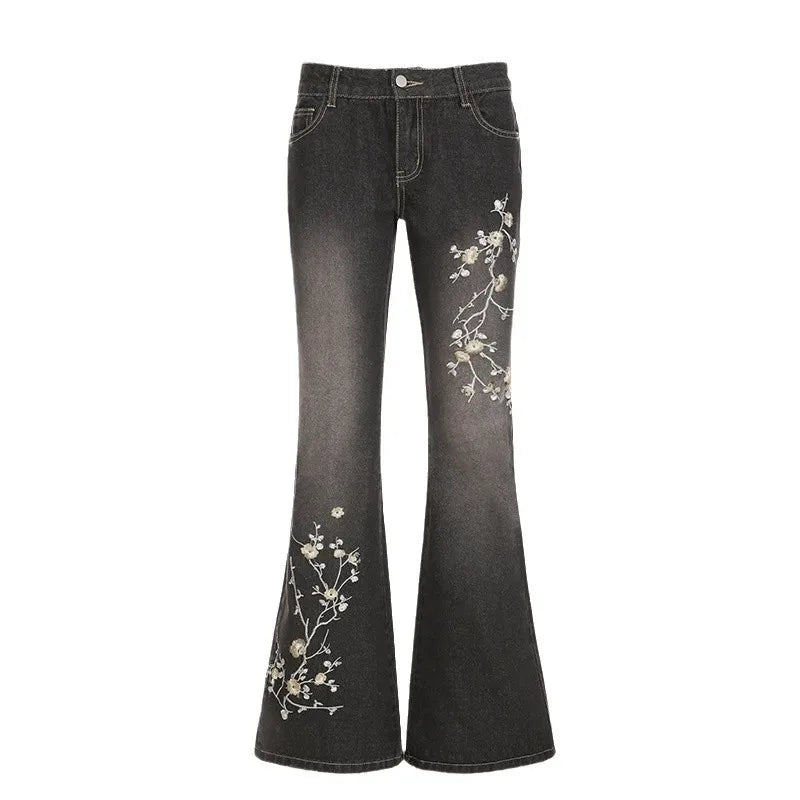 Women's Floral Embroidered Y2K Flared Jeans