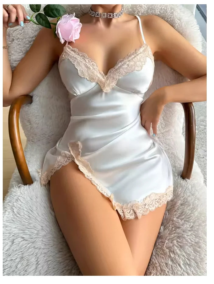 Leopard Satin Lace Nightgown Dress
