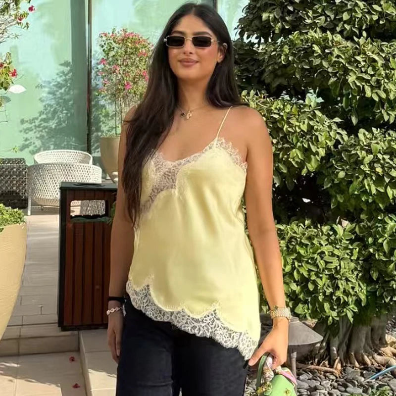 Y2K Asymmetrical Lace Backless Camisole Top
