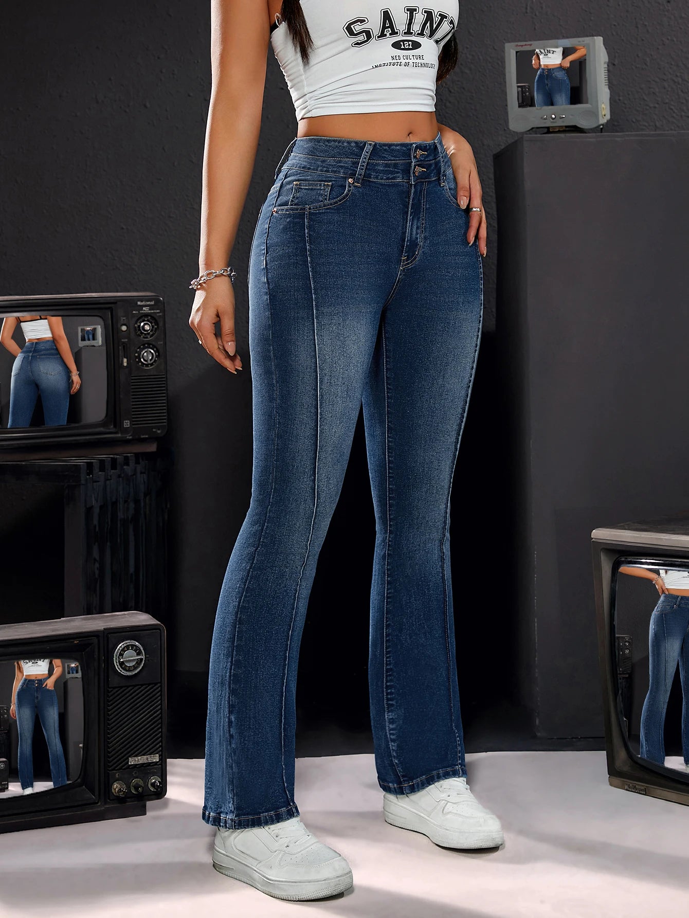 Women's High-Waisted Straight Stretch Jeans