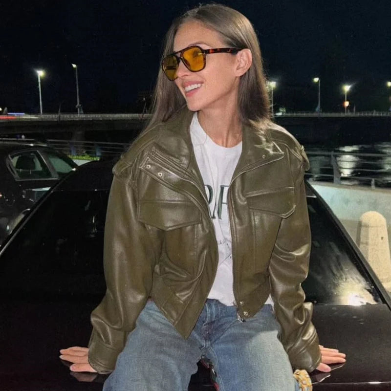 Women's Faux Leather Windbreaker Jacket