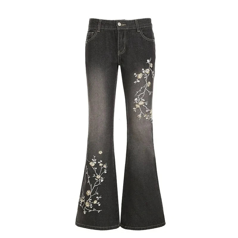 Women's Floral Embroidered Y2K Flared Jeans
