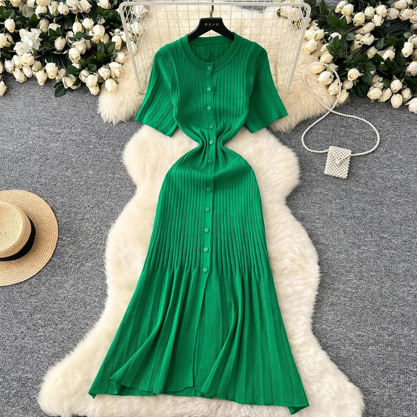 Vintage Knit A-Line Maxi Shirt Dress