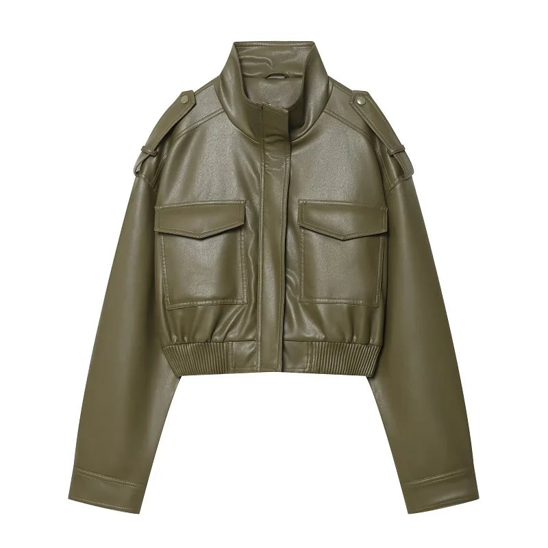 Faux Leather Cropped Bomber Jacket