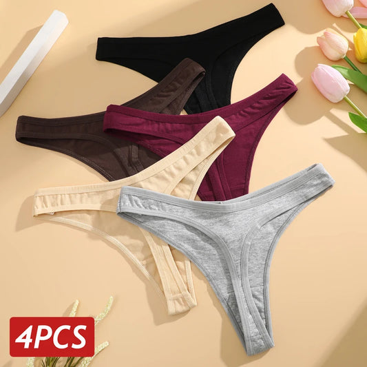 4-Pack Women's Cotton V-Waist Thongs – Seamless Low-Rise Underwear