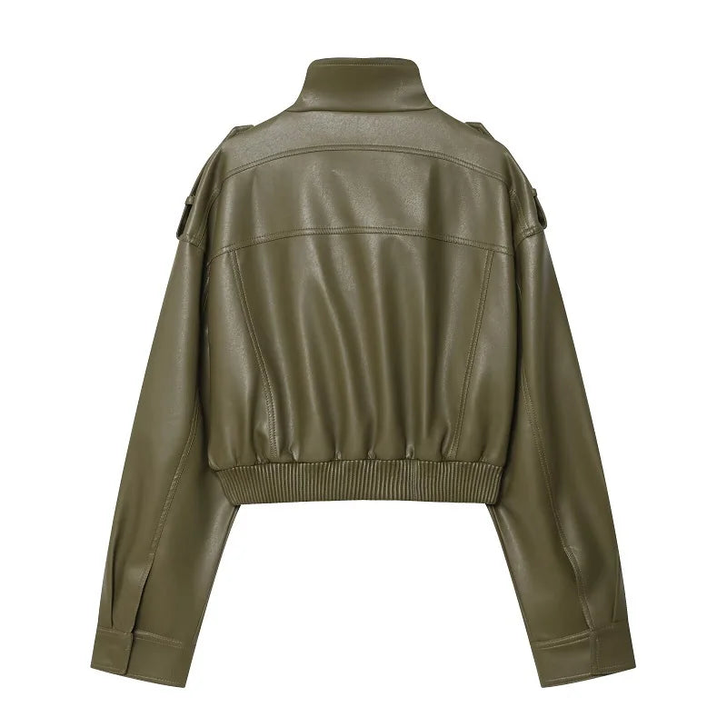 Faux Leather Cropped Bomber Jacket