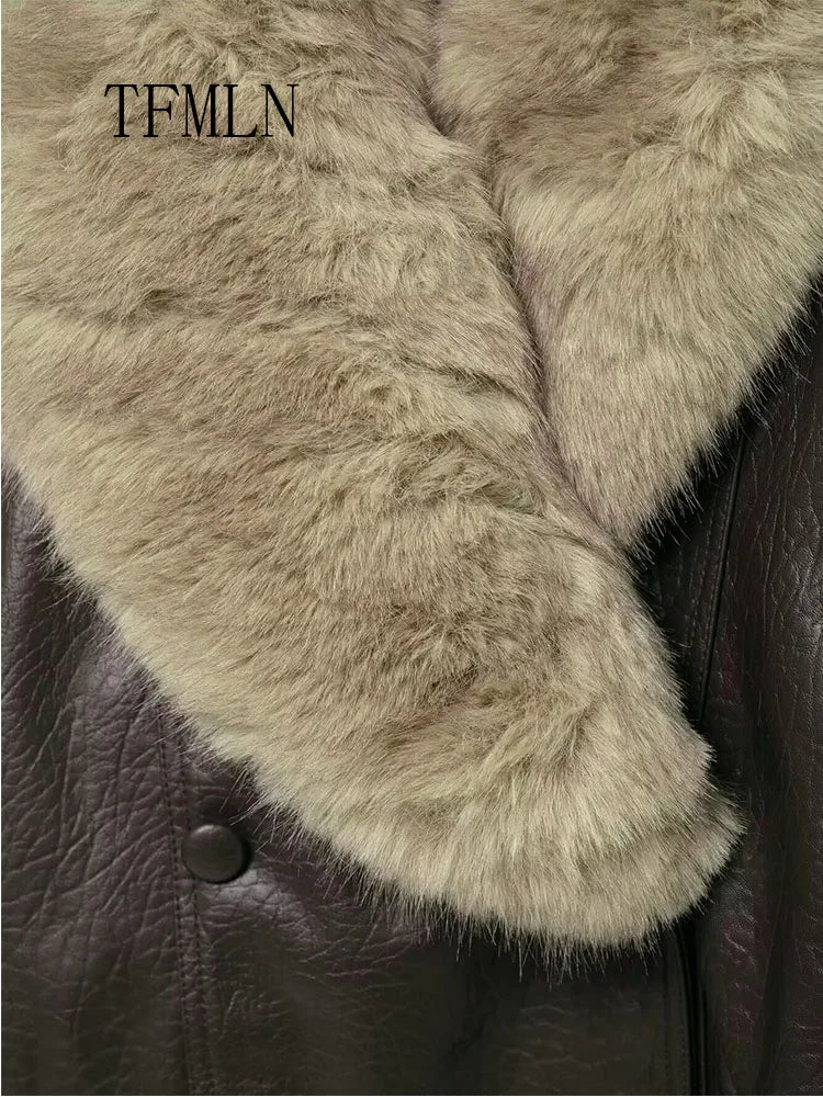 Oversized Faux Leather Fur Collar Jacket