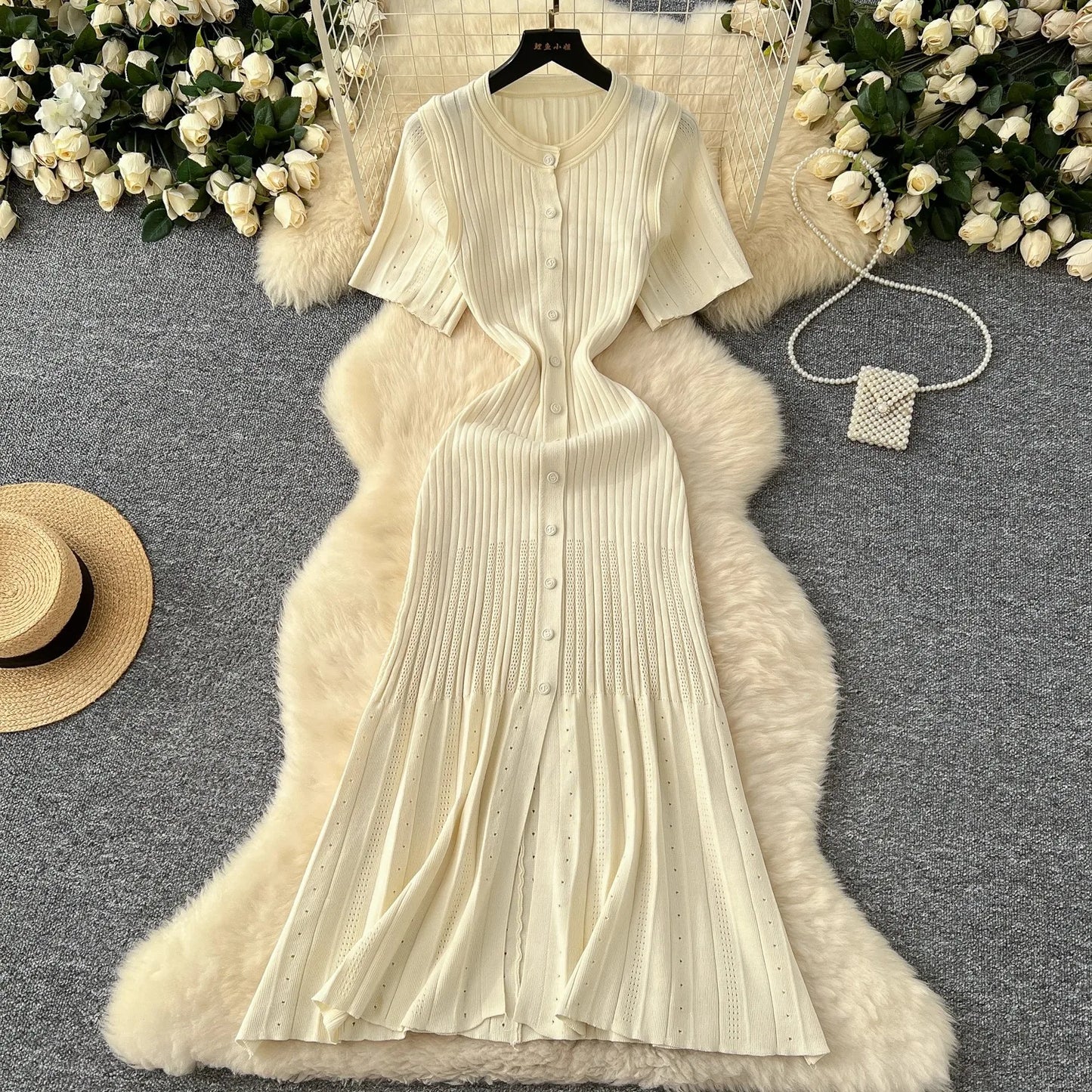 Vintage Knit A-Line Maxi Shirt Dress