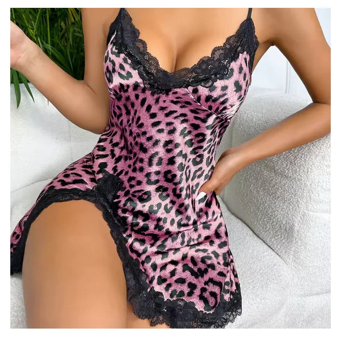Leopard Satin Lace Nightgown Dress