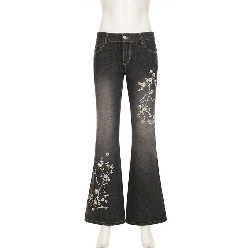 Women's Floral Embroidered Y2K Flared Jeans