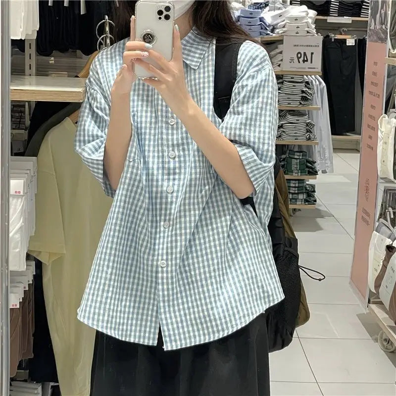 Vintage Plaid Short Sleeve Shirt for Women