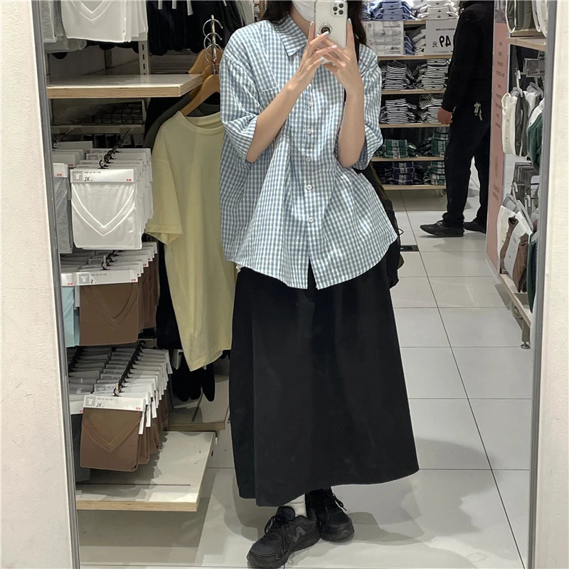 Vintage Plaid Short Sleeve Shirt for Women